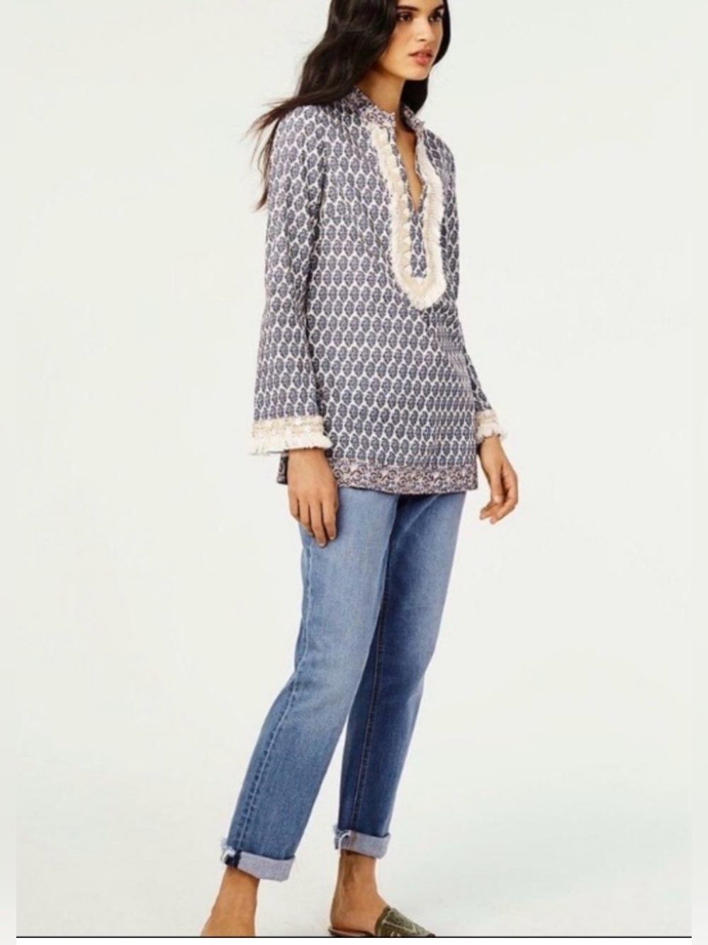 TORY BURCH Ellise Paisley Seashell Fringe Tunic Top